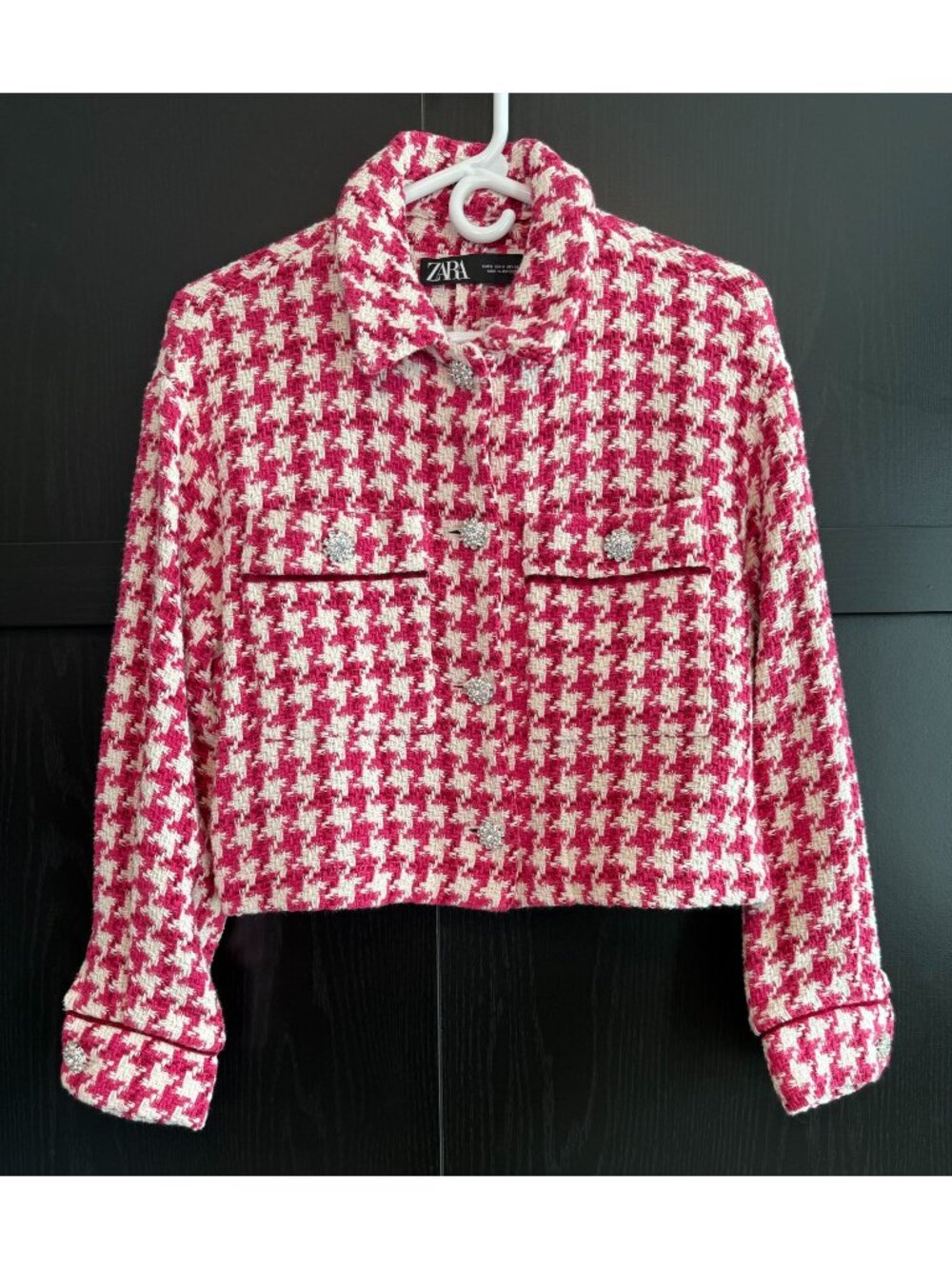 Zara Women's Short Textured Tweed Blazer Jacket Small Raspberry Houndstooth
